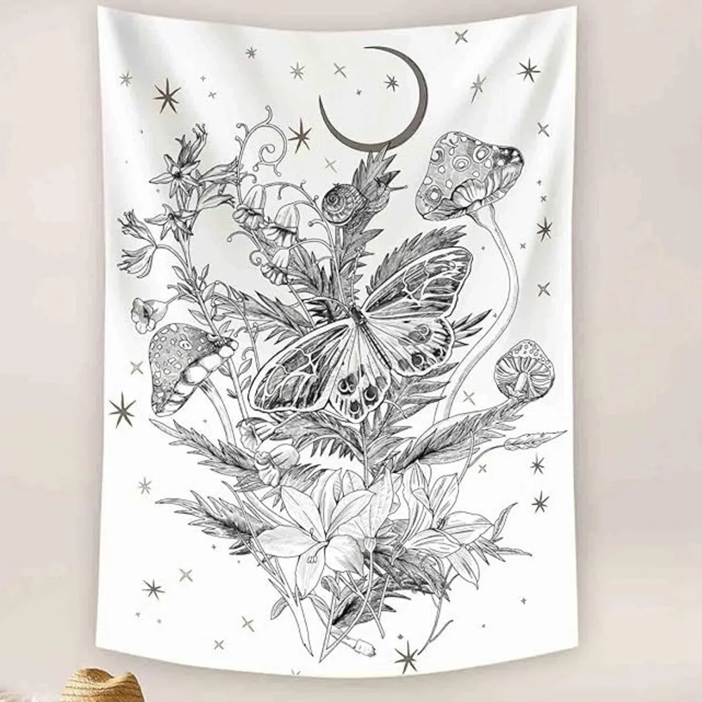 Fowocu Butterfly and Flower Vertical Tapestry Wall Black White Large